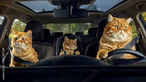 A family of three cute ginger exotic cats driving in a car. Parents in the front, father cat at the steering wheel. Kitten sitting in the back. Funny, chubby pet family on a travel road trip vacation