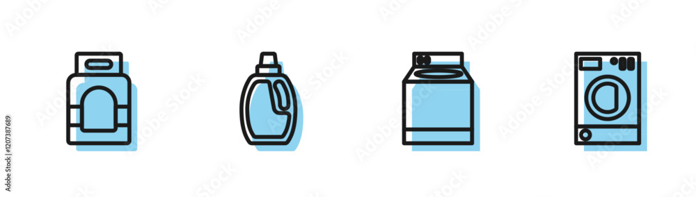 Set line Washer, Laundry detergent, Bottle for cleaning agent and icon. Vector