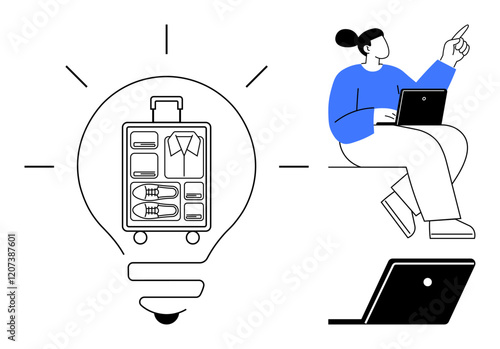 Woman on laptop pointing, suitcase inside light bulb with a garment, shoes, and compartments. Ideal for travel hacks, digital solutions, innovation, packing tips, tech in travel problem-solving