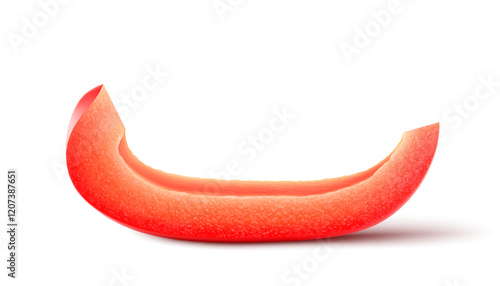 Red slice of bell pepper vegetable, isolated on white background. Fresh ripe sweet paprika piece, realistic 3D vector illustration, object in macro closeup for natural food cuisine