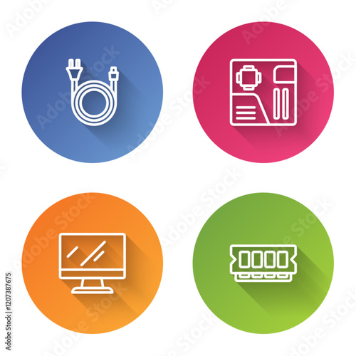 Set line Electric plug, Motherboard digital chip, Computer monitor screen and RAM, random access memory. Color circle button. Vector