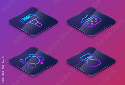 Set Isometric line Garment steamer, Soap water bubbles, Basin with soap suds and Water spray bottle. Blue square button. Vector