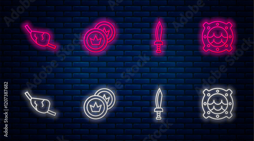 Set line Pirate coin, sword, eye patch and Ship porthole with seascape. Glowing neon icon on brick wall. Vector