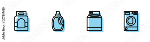 Set line Washer, Laundry detergent, Bottle for cleaning agent and icon. Vector