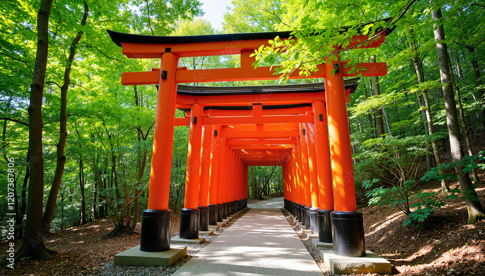 Serene pathway under red Torii gates in lush forest, cultural harmony