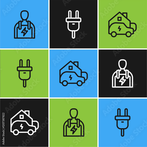 Set line Car mechanic, Charging car at home and Electric plug icon. Vector