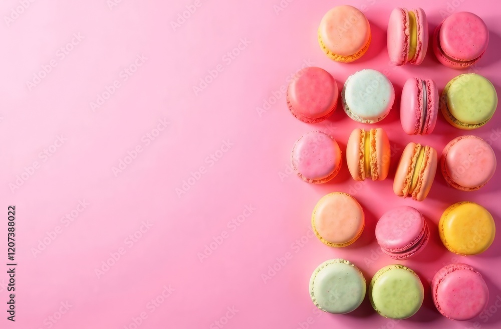 Close-up of multi-colored almond cakes, cream-filled cookies and macaroon macaroons on a pink background Close-up of multi-colored almond cakes, cream-filled cookies and macaroon macaroons on a pink background