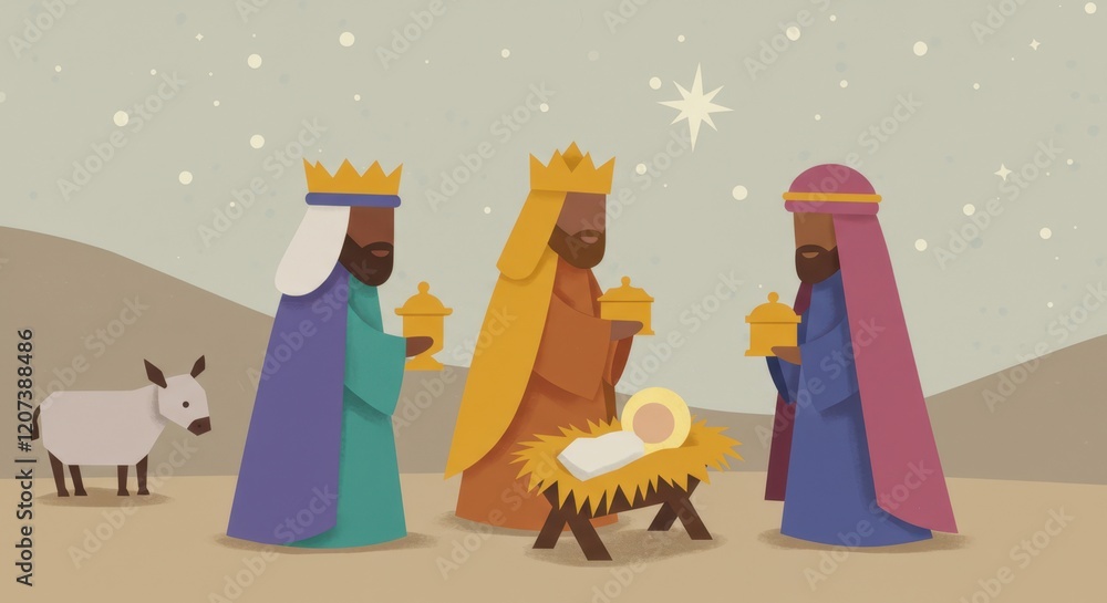 Naklejka premium Three wise men presenting gifts to baby jesus under starry night in nativity scene