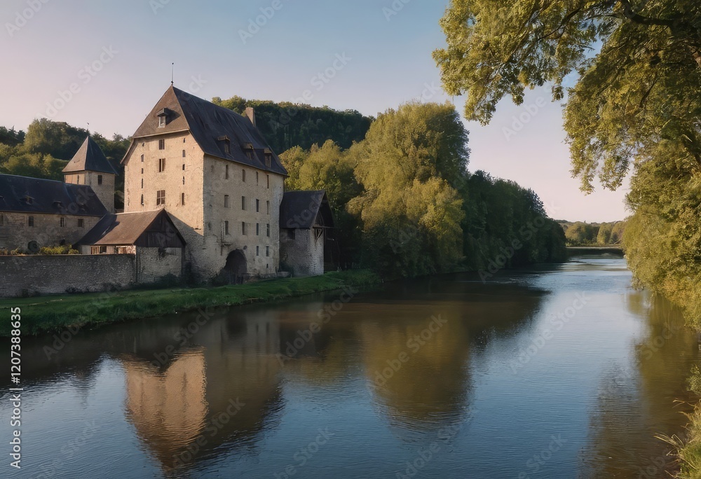 A large stone building is situated right on the shore of a river A large stone building is situated right on the shore of a river
