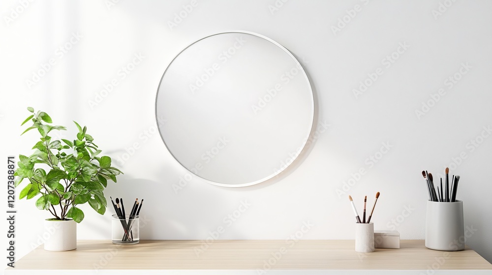 Modern minimalist workspace featuring a round mirror, indoor plants, and art supplies arranged on a wooden surface against a bright, minimalistic wall setting. Modern minimalist workspace featuring a round mirror, indoor plants, and art supplies arranged on a wooden surface against a bright, minimalistic wall setting.