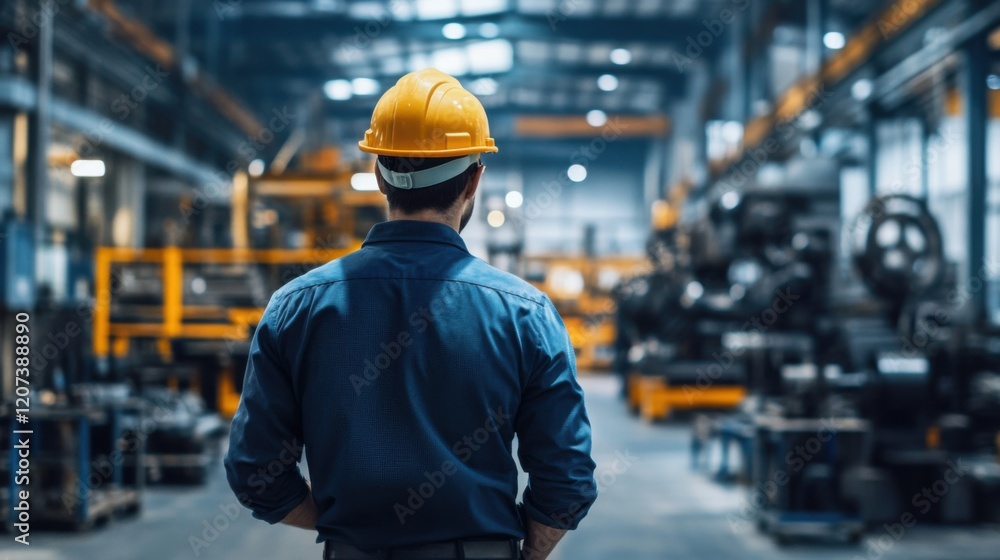 A specialist in a hard hat walking towards large industrial presses and metal forging machines in a state-of-the-art manufacturing facility A specialist in a hard hat walking towards large industrial presses and metal forging machines in a state-of-the-art manufacturing facility