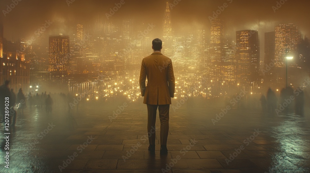 Man in suit facing foggy city at night. Man in suit facing foggy city at night.