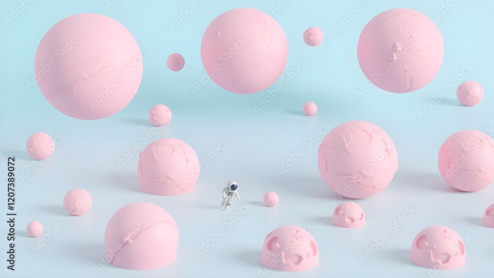3D render of pastel pink planets and small astronauts on a pastel blue background. Generative AI 3D render of pastel pink planets and small astronauts on a pastel blue background. Generative AI