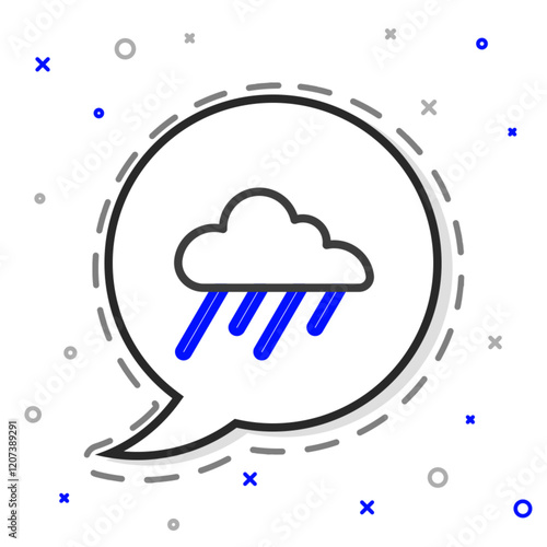 Line Cloud with rain icon isolated on white background. Rain cloud precipitation with rain drops. Colorful outline concept. Vector
