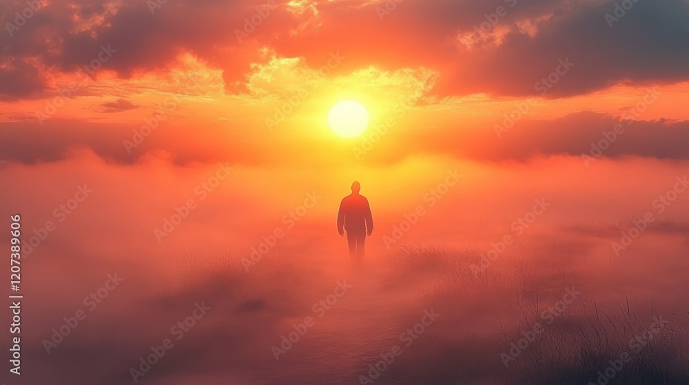 Solitary Figure Walking Towards a Majestic Sunset Solitary Figure Walking Towards a Majestic Sunset