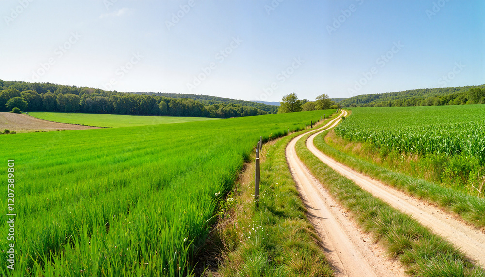 Scenic rural pathway winding through lush green fields, sense of adventure Scenic rural pathway winding through lush green fields, sense of adventure