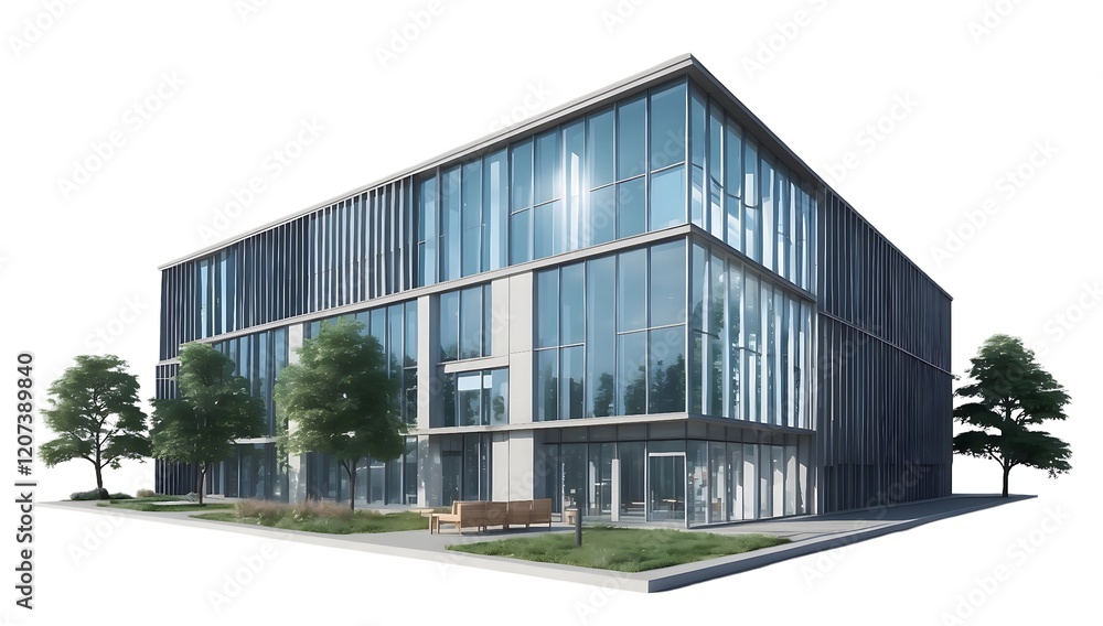 Modern Office Building with Lush Landscaping Modern Office Building with Lush Landscaping