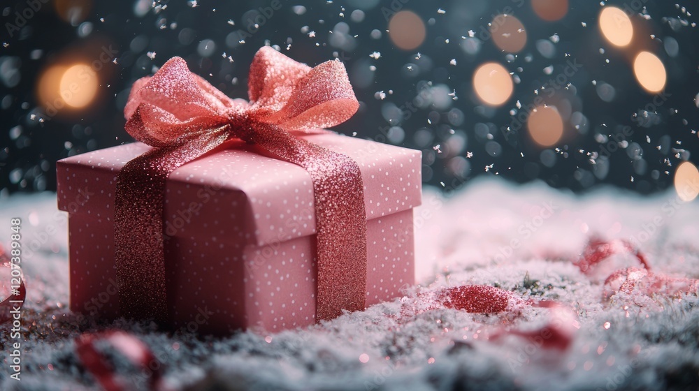 Fototapeta premium Pink Gift Box on Snowy Surface with Warm Lights