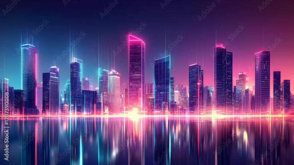 Neon Skyline at Dusk with Reflections in Water Neon Skyline at Dusk with Reflections in Water