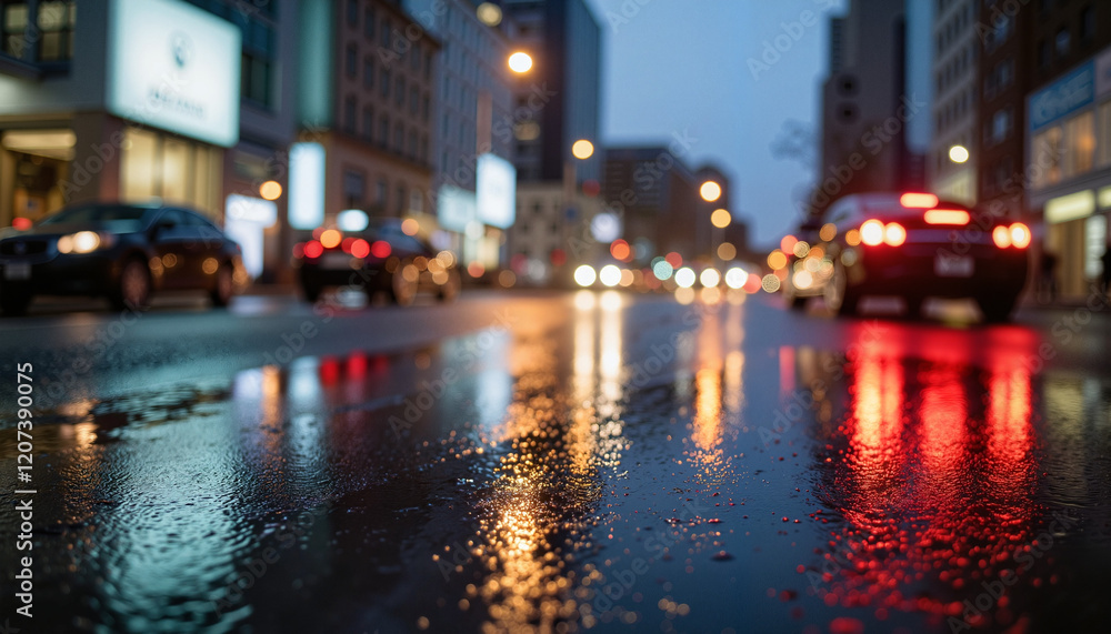 Urban evening walk in light drizzle with reflective surfaces, tranquility Urban evening walk in light drizzle with reflective surfaces, tranquility