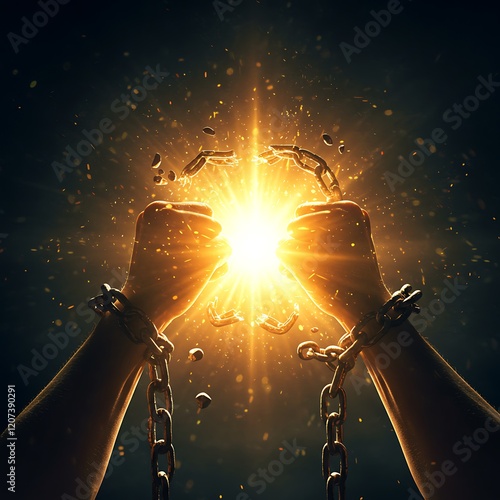 Tableau sur toile Breaking Free Powerful Hands Shattering Chains Light Freedom Hope art glow dark