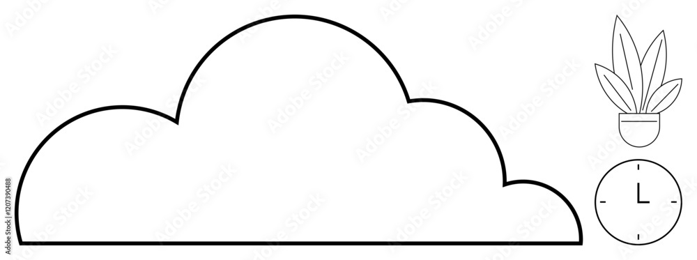Cloud shape paired with a wall clock and potted plant. Ideal for cloud computing, digital time management, tech efficiency, modern solutions, nature balance, productivity, environmental