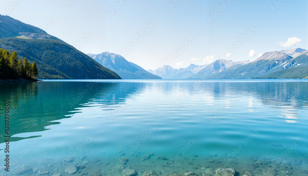 Fototapeta premium Tranquil lake reflecting mountains under clear sky, serene beauty