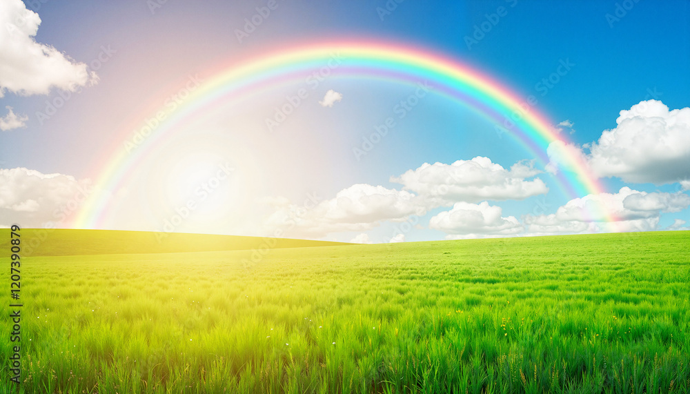 Vibrant rainbow over expansive green field, nature’s beauty Vibrant rainbow over expansive green field, nature’s beauty