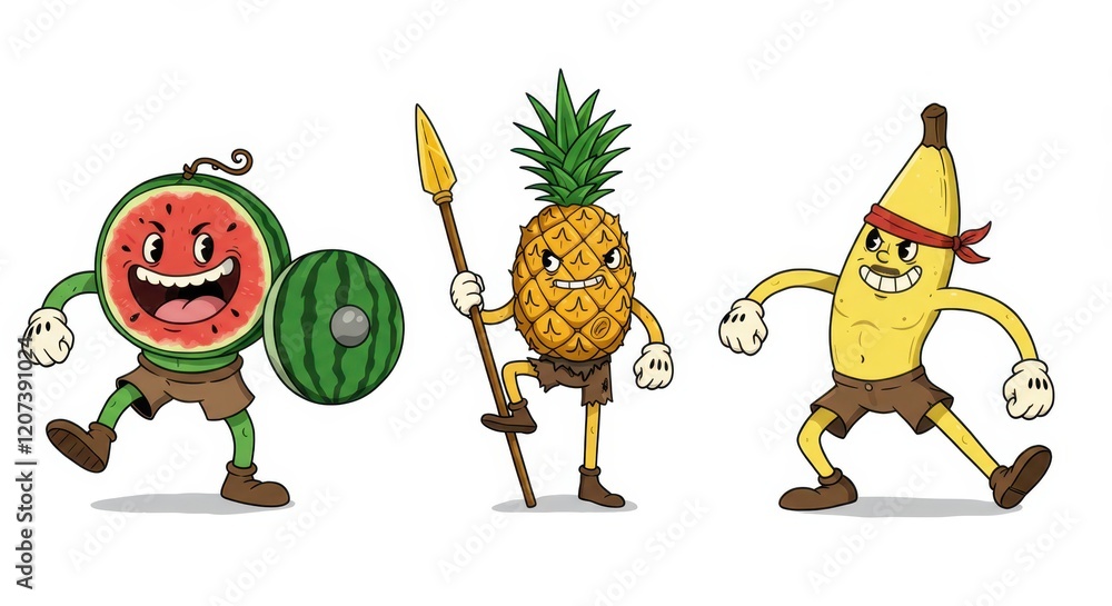 Obraz premium Cartoon fruit warriors: watermelon, pineapple, and banana characters ready for battle