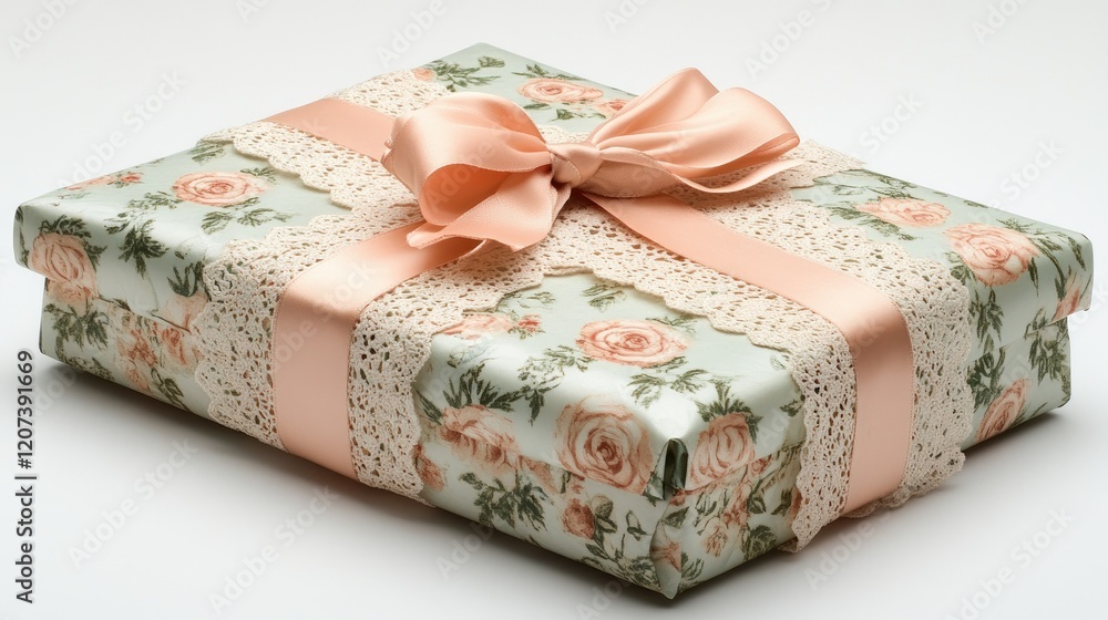 Elegant Gift Box with Floral Design and Peach Ribbon Elegant Gift Box with Floral Design and Peach Ribbon