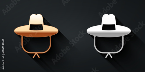 Gold and silver Camping hat icon isolated on black background. Beach hat panama. Explorer travelers hat for hunting, hiking, tourism. Long shadow style. Vector