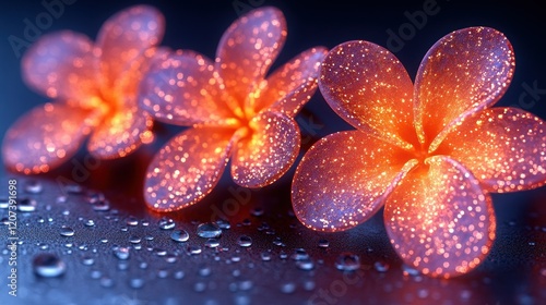 Glowing Plumeria Flowers with Water Droplets