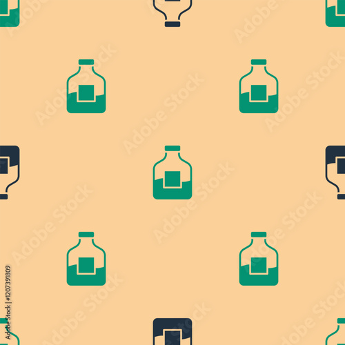 Green and black Glass bottle of vodka icon isolated seamless pattern on beige background. Vector