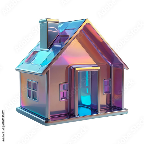 3D chrome element in Y2K style, isolated background, liquid holographic metal. House made of glass and metal with a blue roof, rainbow color.