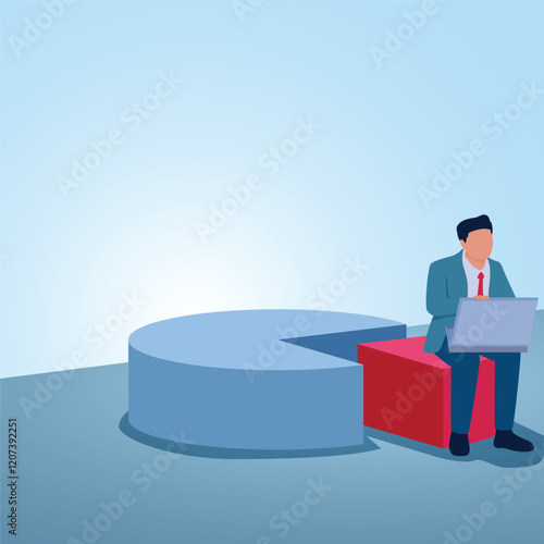 A man holding a laptop and sitting on a Pareto pie chart. Illustration for the Pareto principle in business.