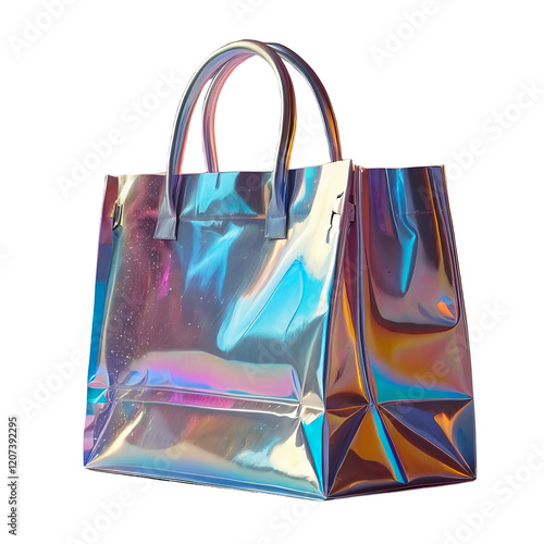 3D chrome element in Y2K style, isolated background, liquid holographic metal. Bag with rainbow design made of plastic, shiny reflective surface.