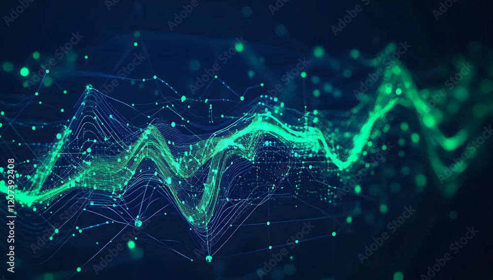 Abstract data visualization background with green and blue waves, a dark navy gradient color backdrop Abstract data visualization background with green and blue waves, a dark navy gradient color backdrop