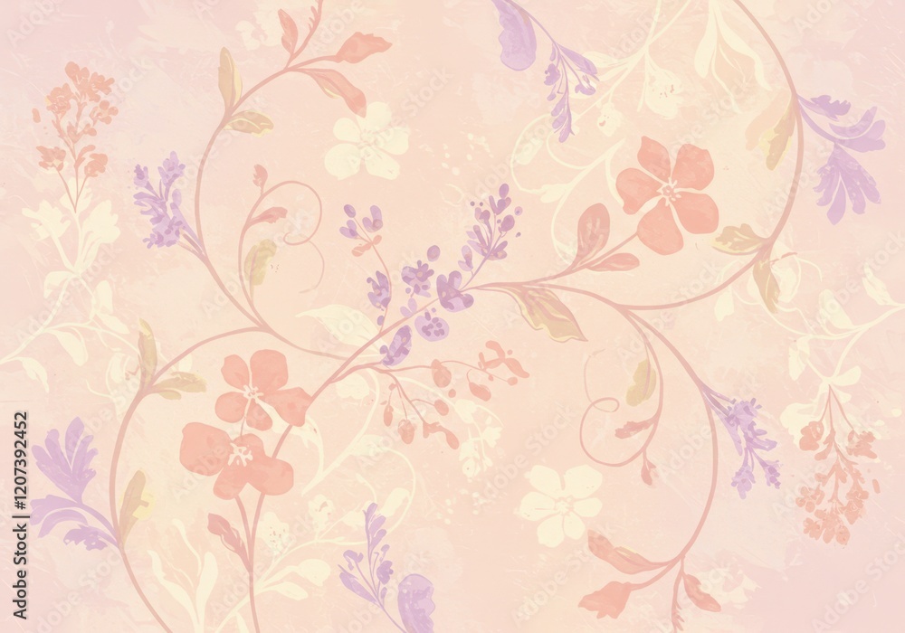 Elegant floral pattern beige background with pastel leaves and blossoms Elegant floral pattern beige background with pastel leaves and blossoms