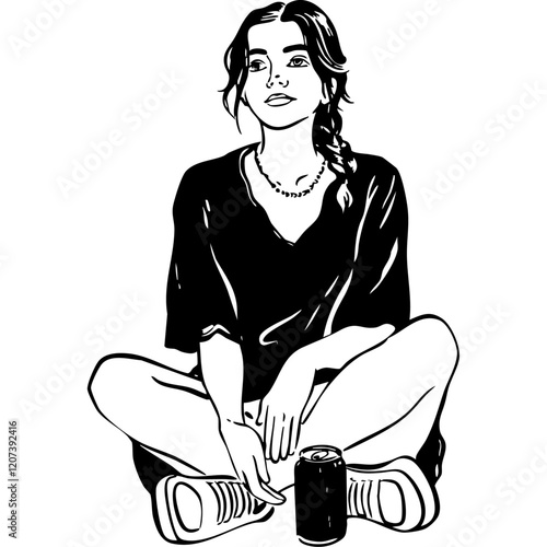Sitting Girl in a Black Outfit