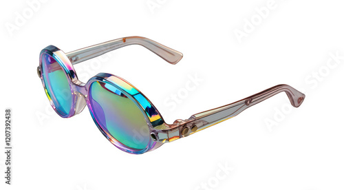 3D render holographic chrome Y2K element, isolated background. Liquid metal, sunglasses with a rainbow colored frame made of clear plastic, reflective surface.