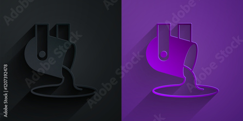Paper cut Molten gold being poured icon isolated on black on purple background. Molten metal poured from ladle. Paper art style. Vector
