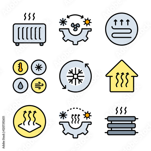 HVAC color icons set. Commercial services. Heating and cooling system. Air conditioning. Isolated vector illustrations