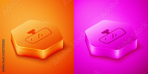 Isometric Car mirror icon isolated on orange and pink background. Hexagon button. Vector