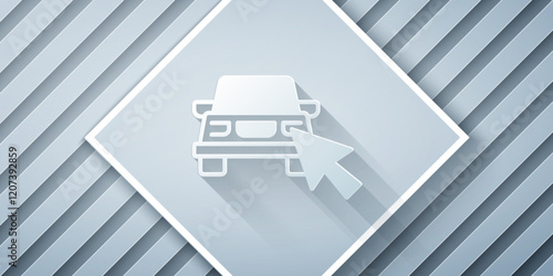 Paper cut Online car sharing icon isolated on grey background. Online rental car service. Online booking design concept for laptop. Paper art style. Vector