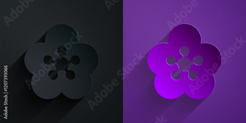 Paper cut Lotus flower icon isolated on black on purple background. Paper art style. Vector