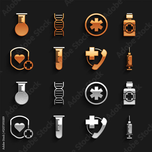 Set Test tube and flask, Bottle of medicine syrup, Syringe, Emergency phone call to hospital, Shield heart rate, Medical symbol the, and DNA icon. Vector