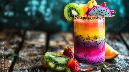 A stunningly vibrant tropical cocktail with a mix of bold rainbow layers, garnished with exotic fruits like dragon fruit and kiwi, served on a weathered wooden table with a summery ambiance photo