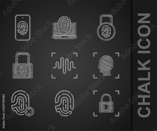 Set Voice recognition, Fingerprint, with lock, Face, Rejection fingerprint, and Mobile scan icon. Vector