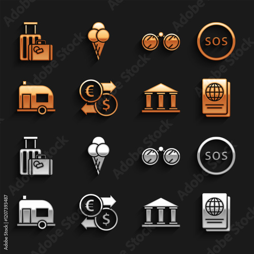 Set Money exchange, Location with SOS, Passport, Museum building, Rv Camping trailer, Binoculars, Suitcase and Ice cream waffle cone icon. Vector