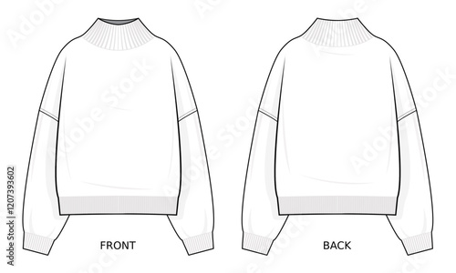 Oversized knitted Pullover sweater technical fashion illustration. Turtleneck Pullover sweater fashion vector template. Front and back view. Casual Streetwear. loose fit. Unisex. CAD mockup set.